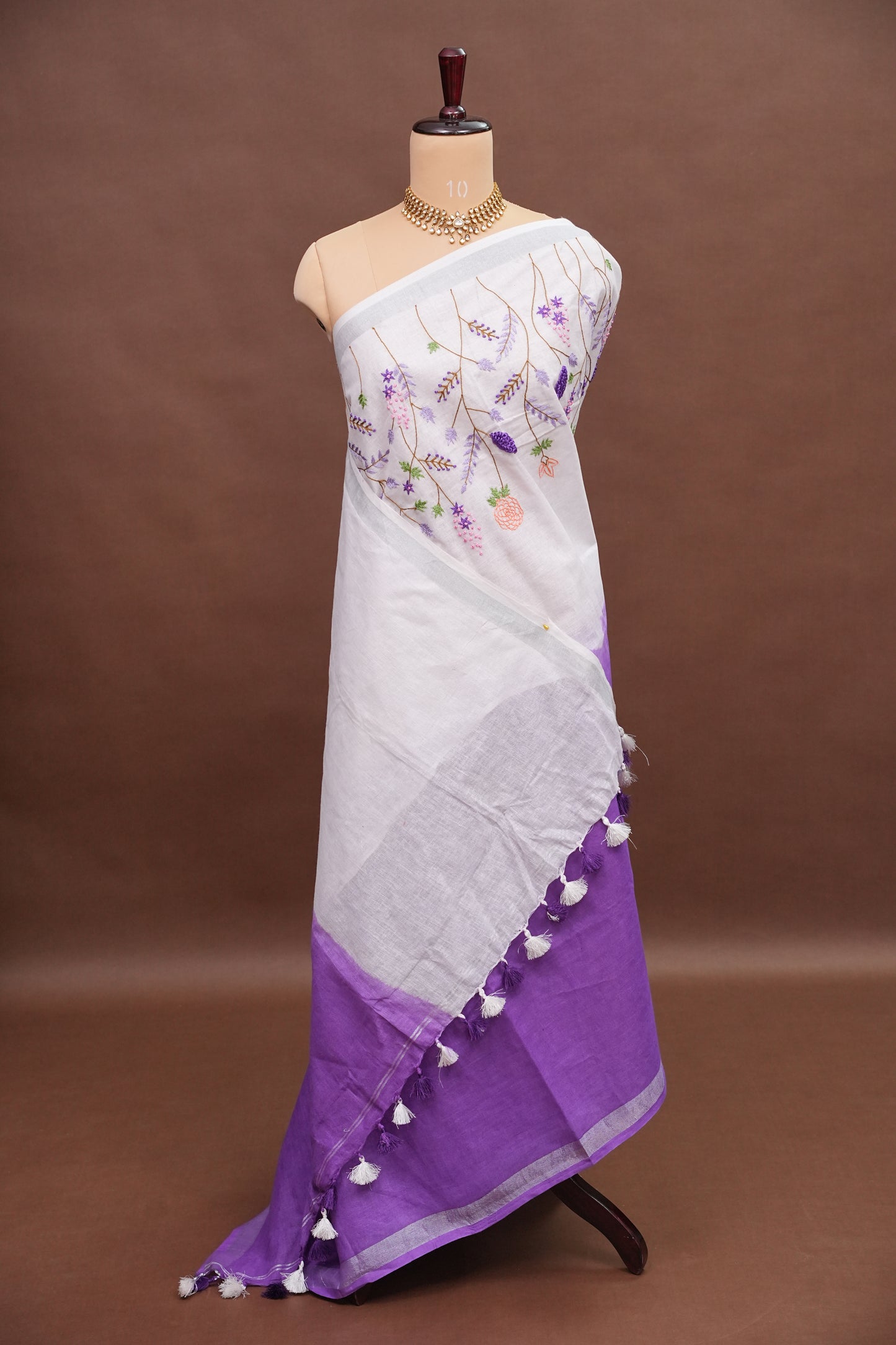 Hand Embroidery Pure Linen Saree With Tissue Border - Purple and White Ombre
