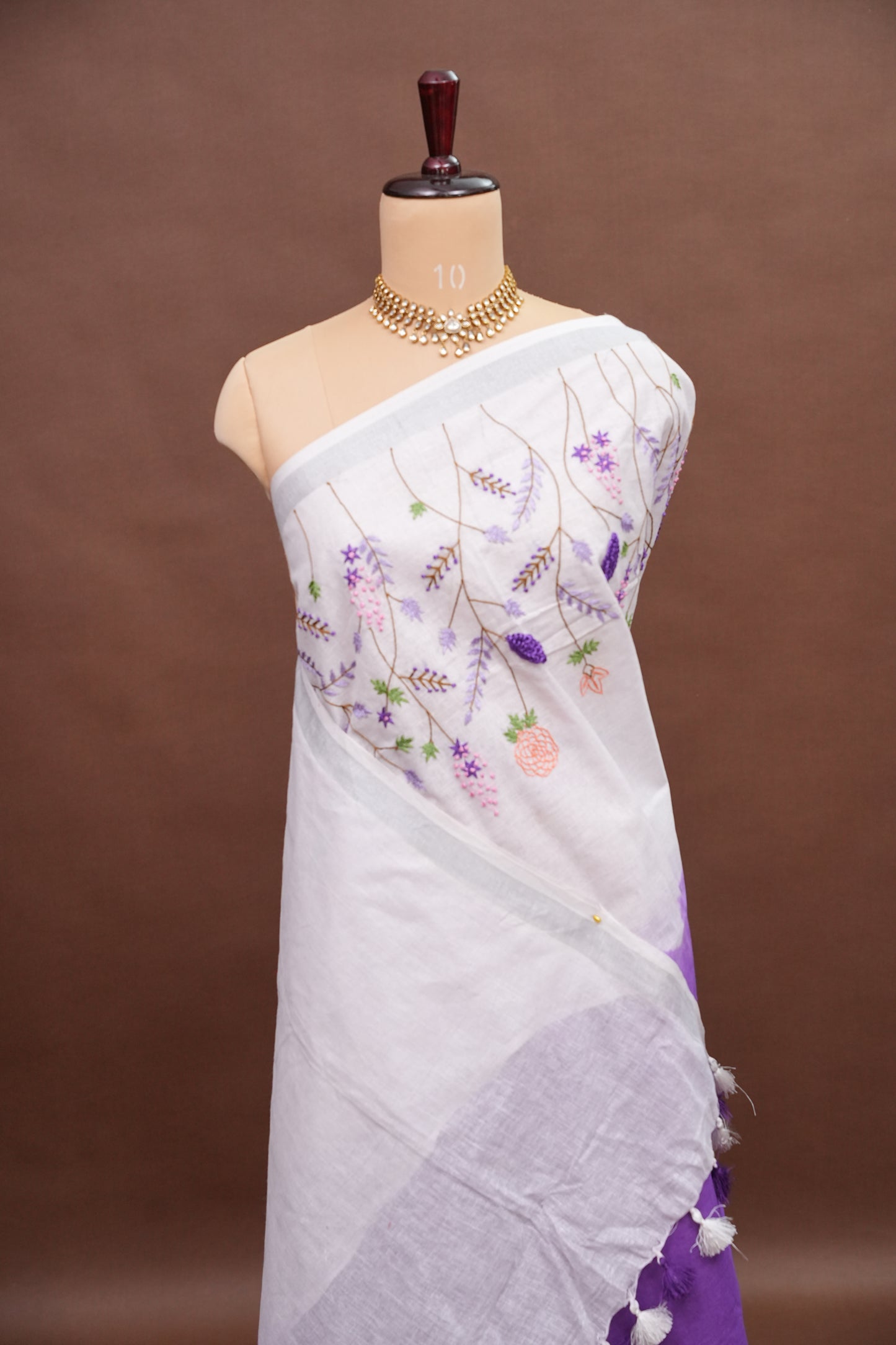Hand Embroidery Pure Linen Saree With Tissue Border - Purple and White Ombre