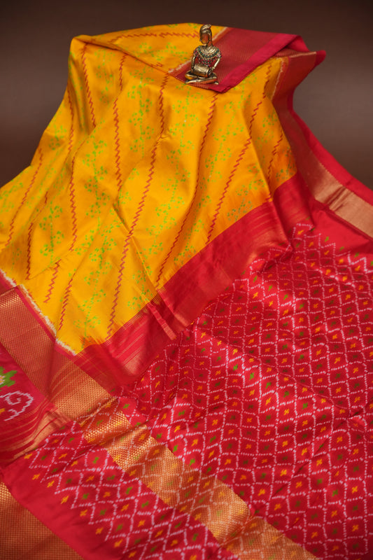 Pure Ikkat Soft Silk Saree - Yellow & Red