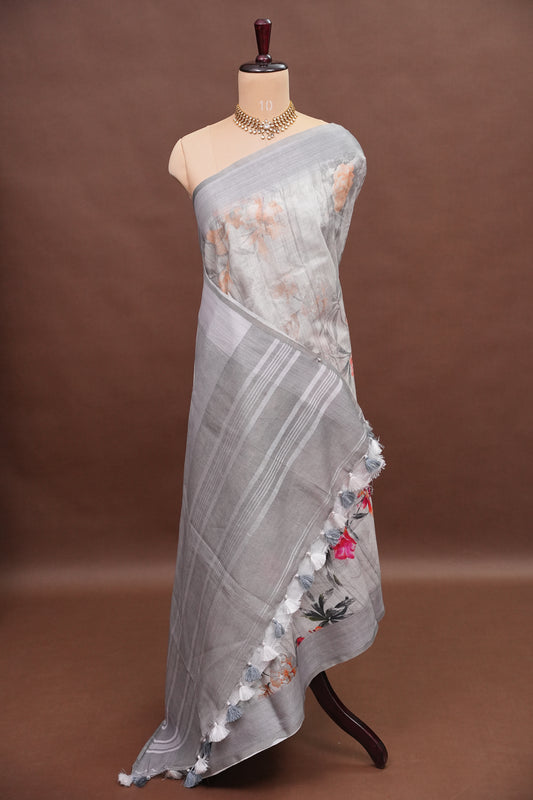 Digital Printed Pure Linen Saree - White & Grey