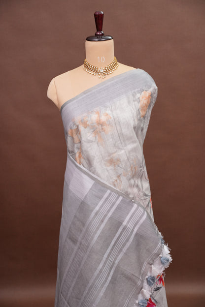 Digital Printed Pure Linen Saree - White & Grey