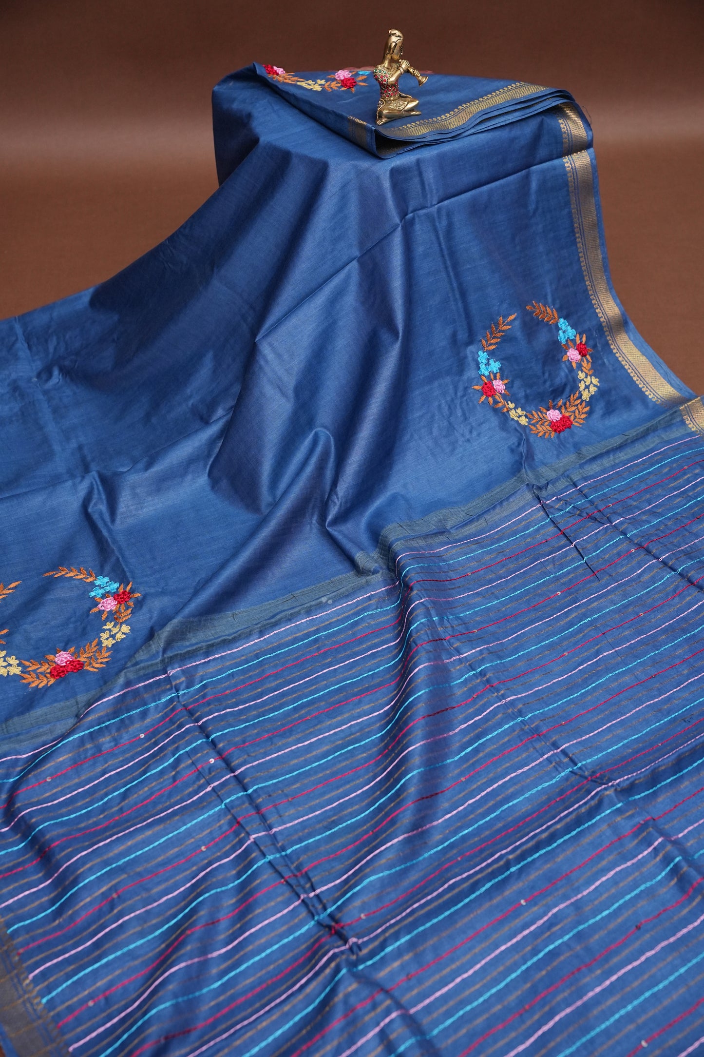 Hand Embroidery Pure Linen Silk Saree With Gold Zari Border - Steel Blue