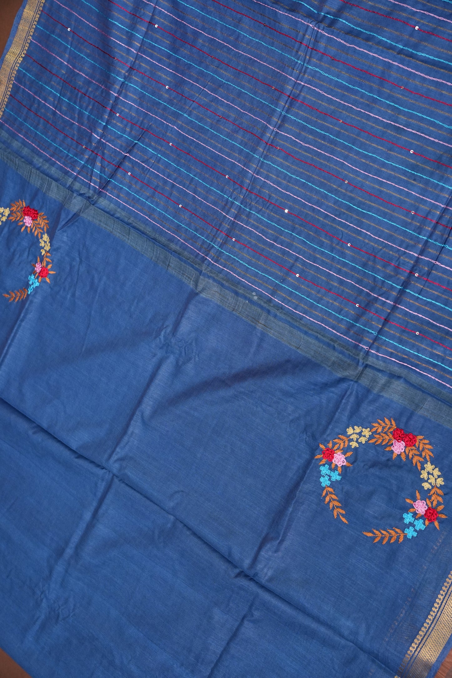 Hand Embroidery Pure Linen Silk Saree With Gold Zari Border - Steel Blue
