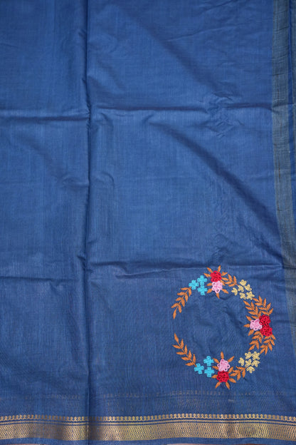 Hand Embroidery Pure Linen Silk Saree With Gold Zari Border - Steel Blue