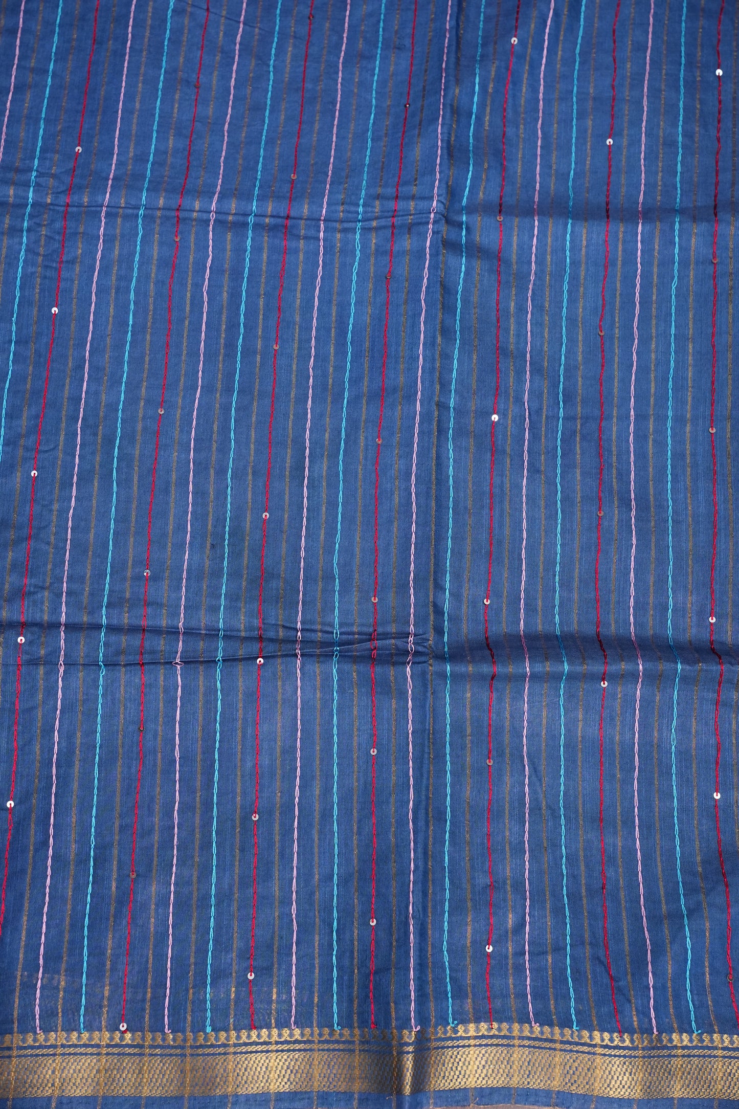 Hand Embroidery Pure Linen Silk Saree With Gold Zari Border - Steel Blue