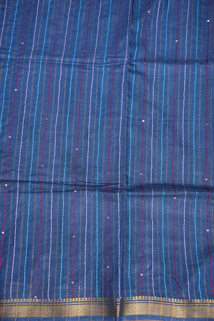Hand Embroidery Pure Linen Silk Saree With Gold Zari Border - Steel Blue