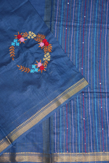 Hand Embroidery Pure Linen Silk Saree With Gold Zari Border - Steel Blue