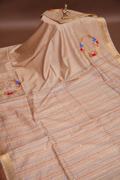 Hand Embroidery Pure Linen Silk Saree With Gold Zari Border - Beige Nude Shade