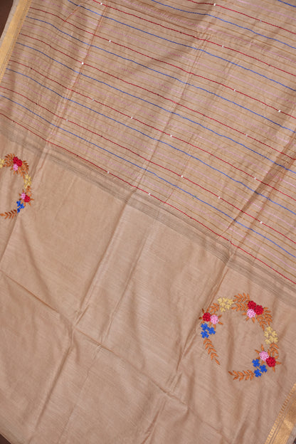 Hand Embroidery Pure Linen Silk Saree With Gold Zari Border - Beige Nude Shade