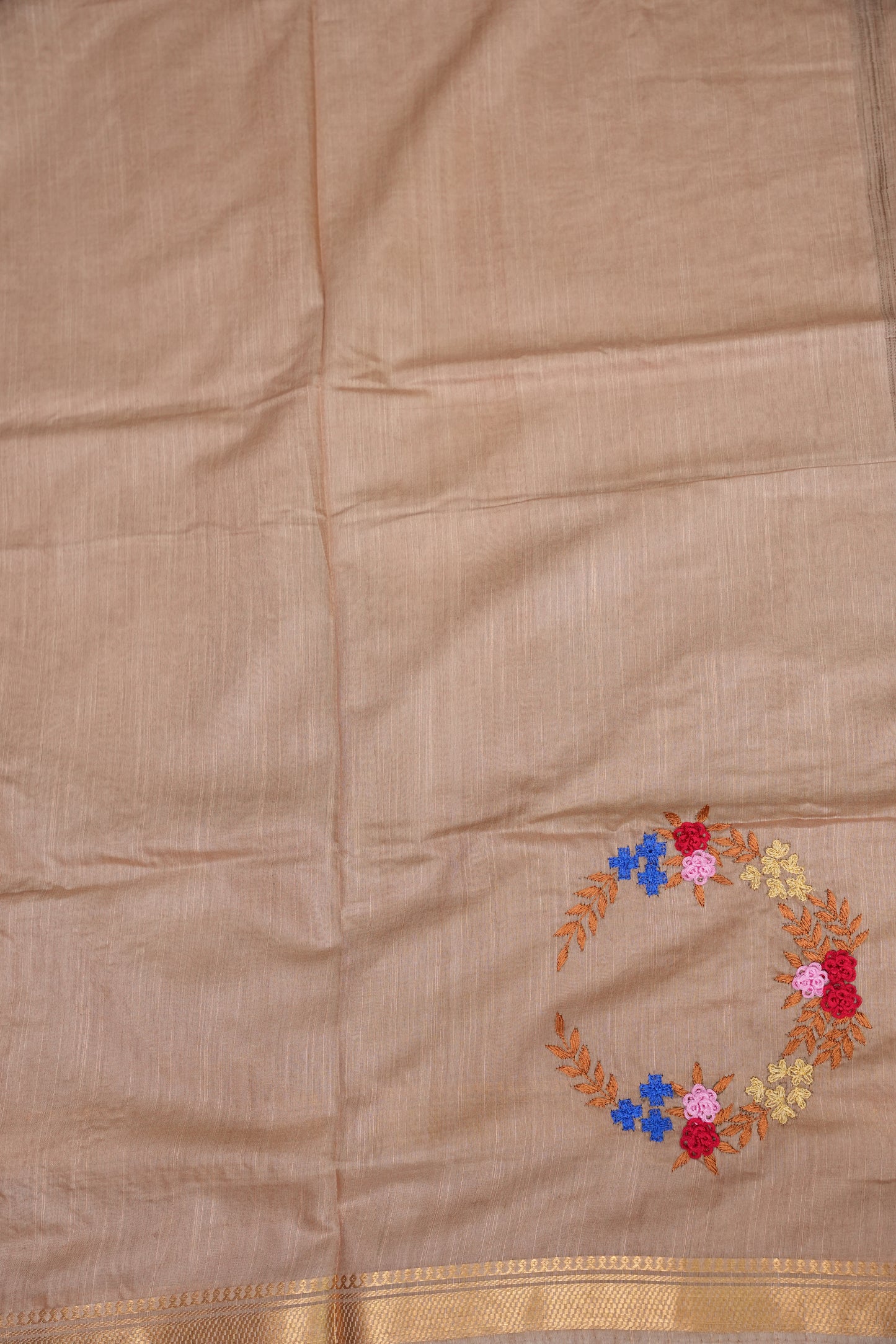Hand Embroidery Pure Linen Silk Saree With Gold Zari Border - Beige Nude Shade