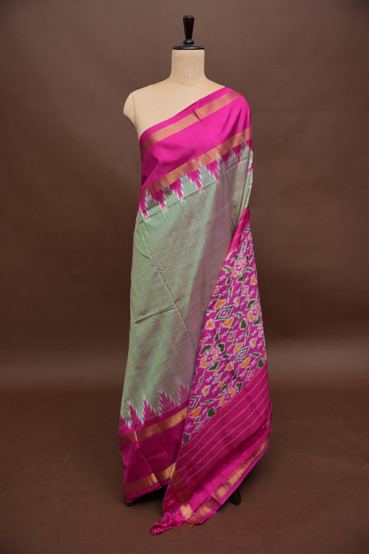Pure Ikkat Soft Silk Saree - Pistachio Green & Pink