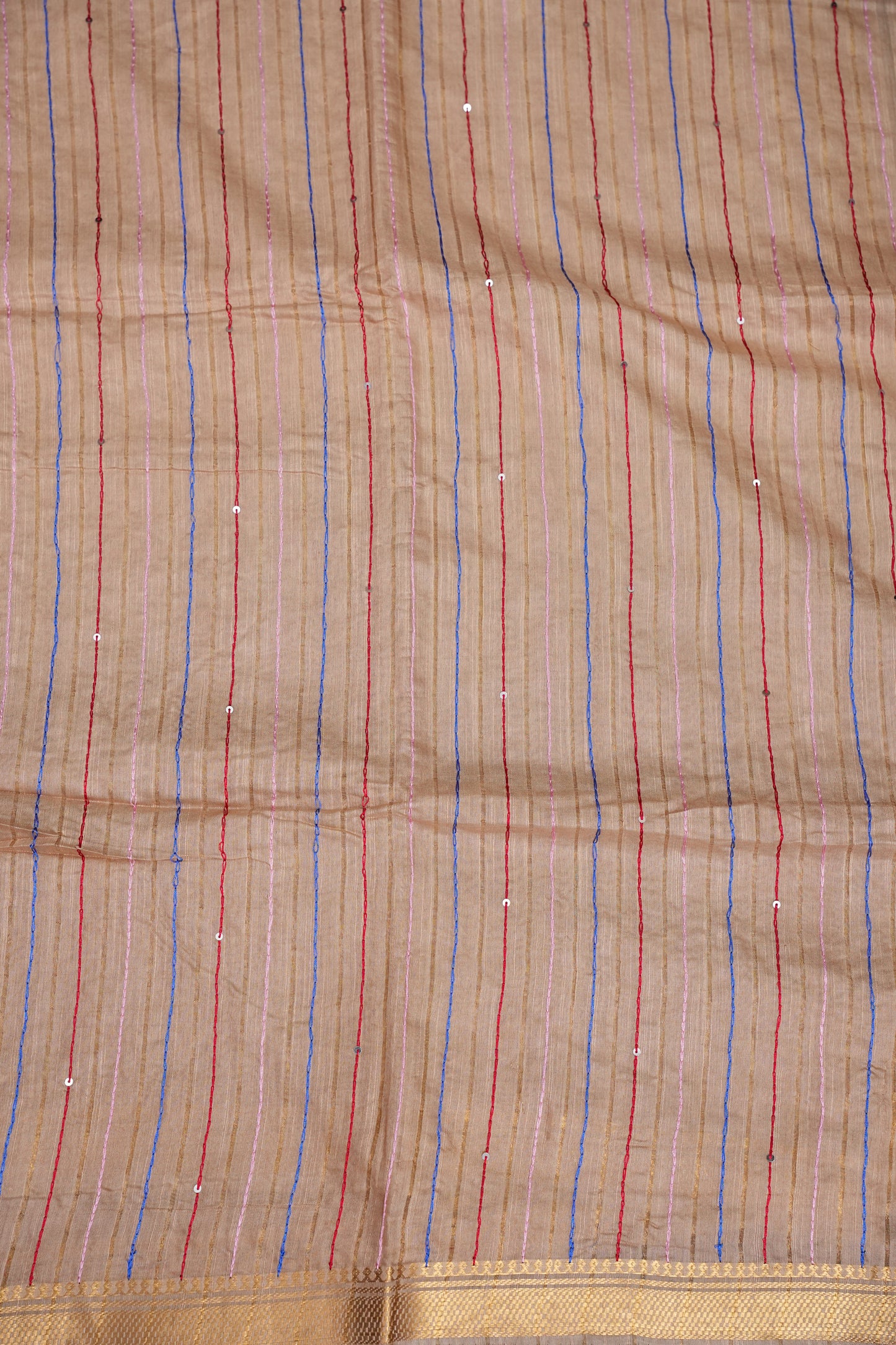 Hand Embroidery Pure Linen Silk Saree With Gold Zari Border - Beige Nude Shade