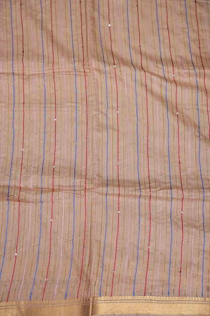Hand Embroidery Pure Linen Silk Saree With Gold Zari Border - Beige Nude Shade
