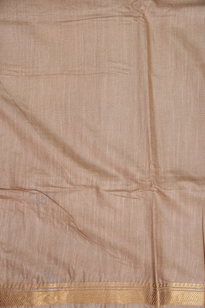 Hand Embroidery Pure Linen Silk Saree With Gold Zari Border - Beige Nude Shade