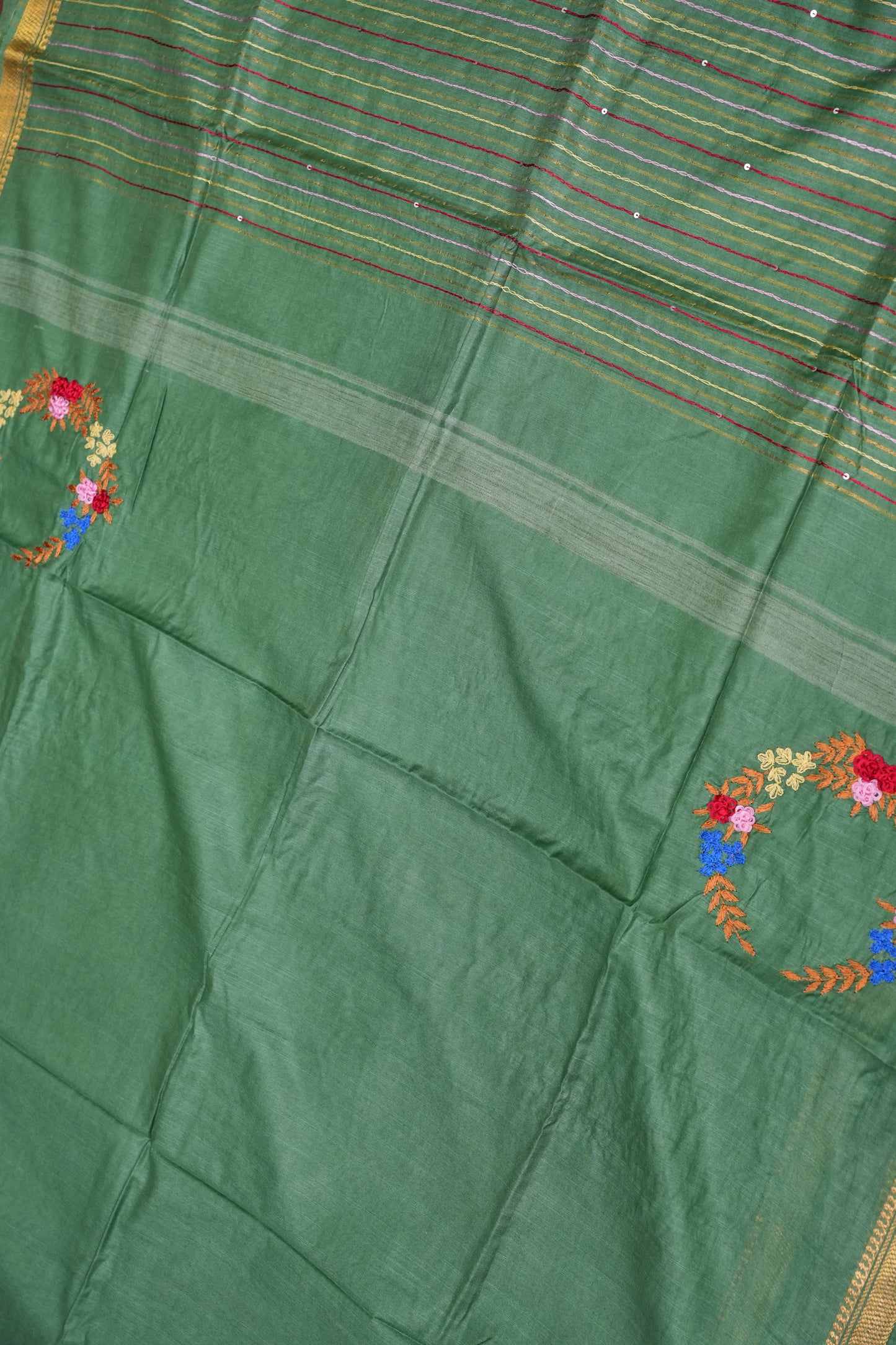Hand Embroidery Pure Linen Silk Saree With Gold Zari Border - Deep Leaf Green
