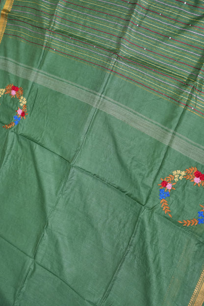 Hand Embroidery Pure Linen Silk Saree With Gold Zari Border - Deep Leaf Green