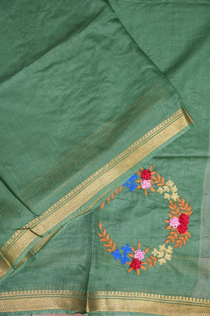 Hand Embroidery Pure Linen Silk Saree With Gold Zari Border - Deep Leaf Green