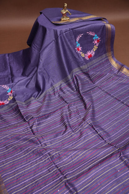 Hand Embroidery Pure Linen Silk Saree With Gold Zari Border - Smoky Lavender Purple