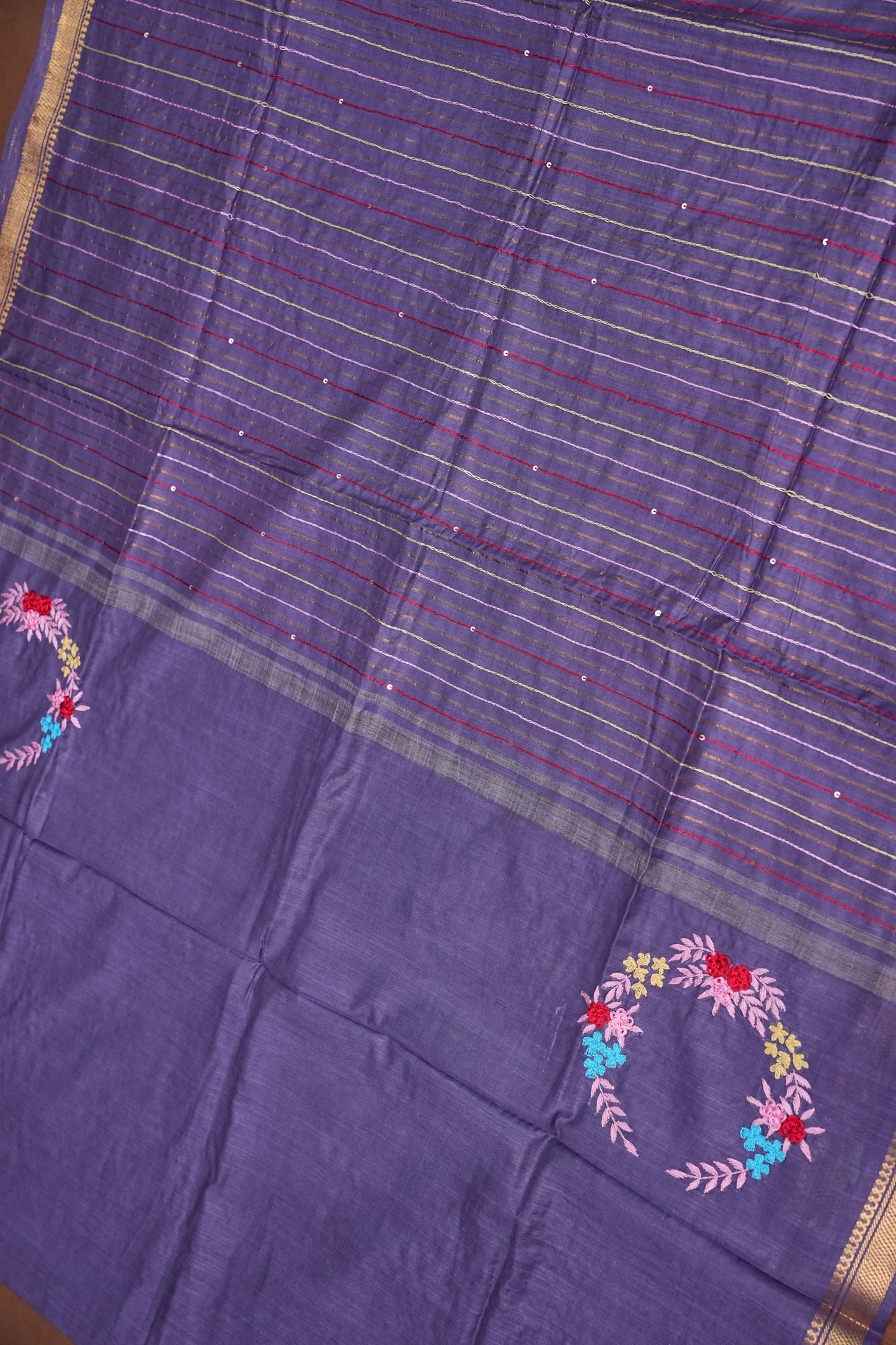 Hand Embroidery Pure Linen Silk Saree With Gold Zari Border - Smoky Lavender Purple