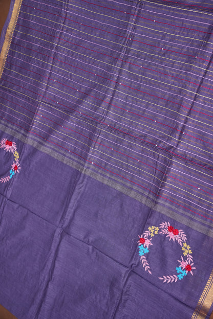 Hand Embroidery Pure Linen Silk Saree With Gold Zari Border - Smoky Lavender Purple