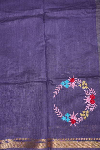 Hand Embroidery Pure Linen Silk Saree With Gold Zari Border - Smoky Lavender Purple