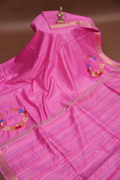 Hand Embroidery Pure Linen Silk Saree With Gold Zari Border - Candy Pink
