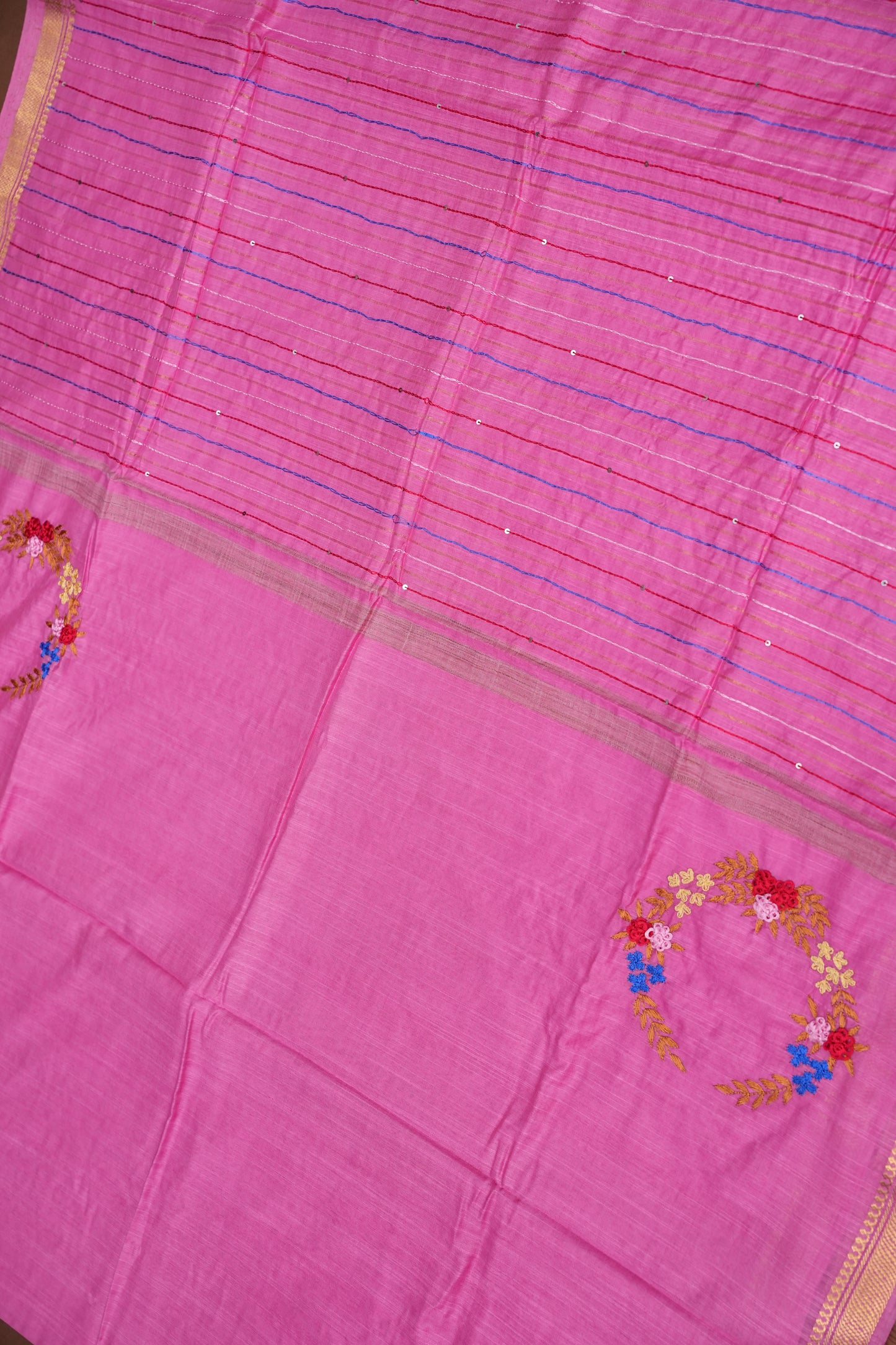 Hand Embroidery Pure Linen Silk Saree With Gold Zari Border - Candy Pink