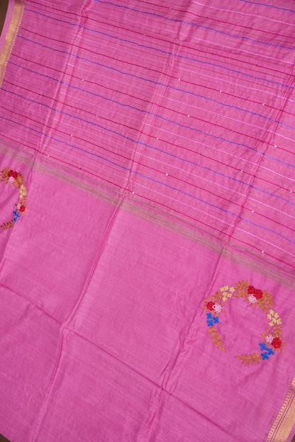 Hand Embroidery Pure Linen Silk Saree With Gold Zari Border - Candy Pink