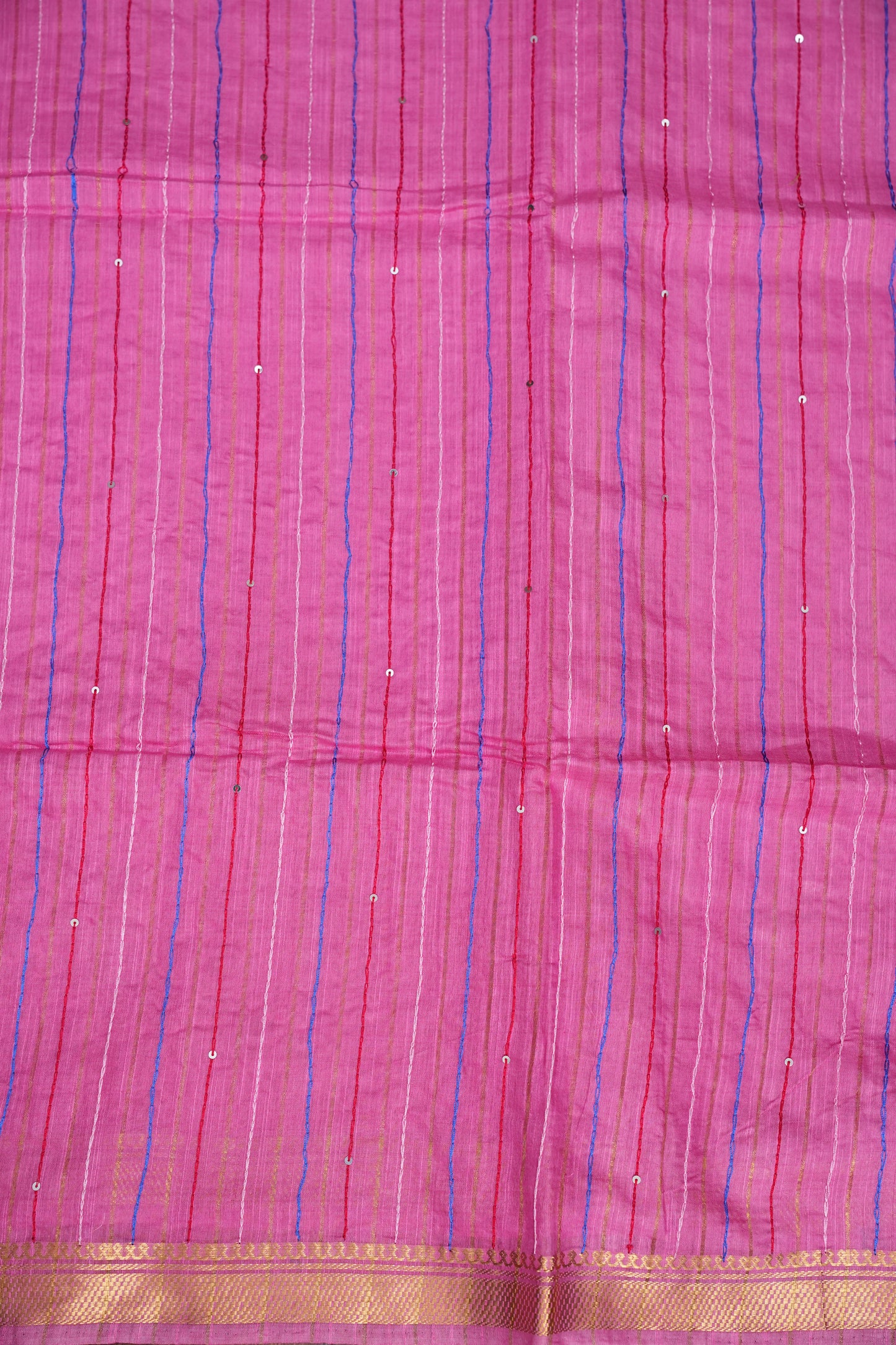 Hand Embroidery Pure Linen Silk Saree With Gold Zari Border - Candy Pink