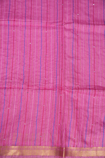 Hand Embroidery Pure Linen Silk Saree With Gold Zari Border - Candy Pink