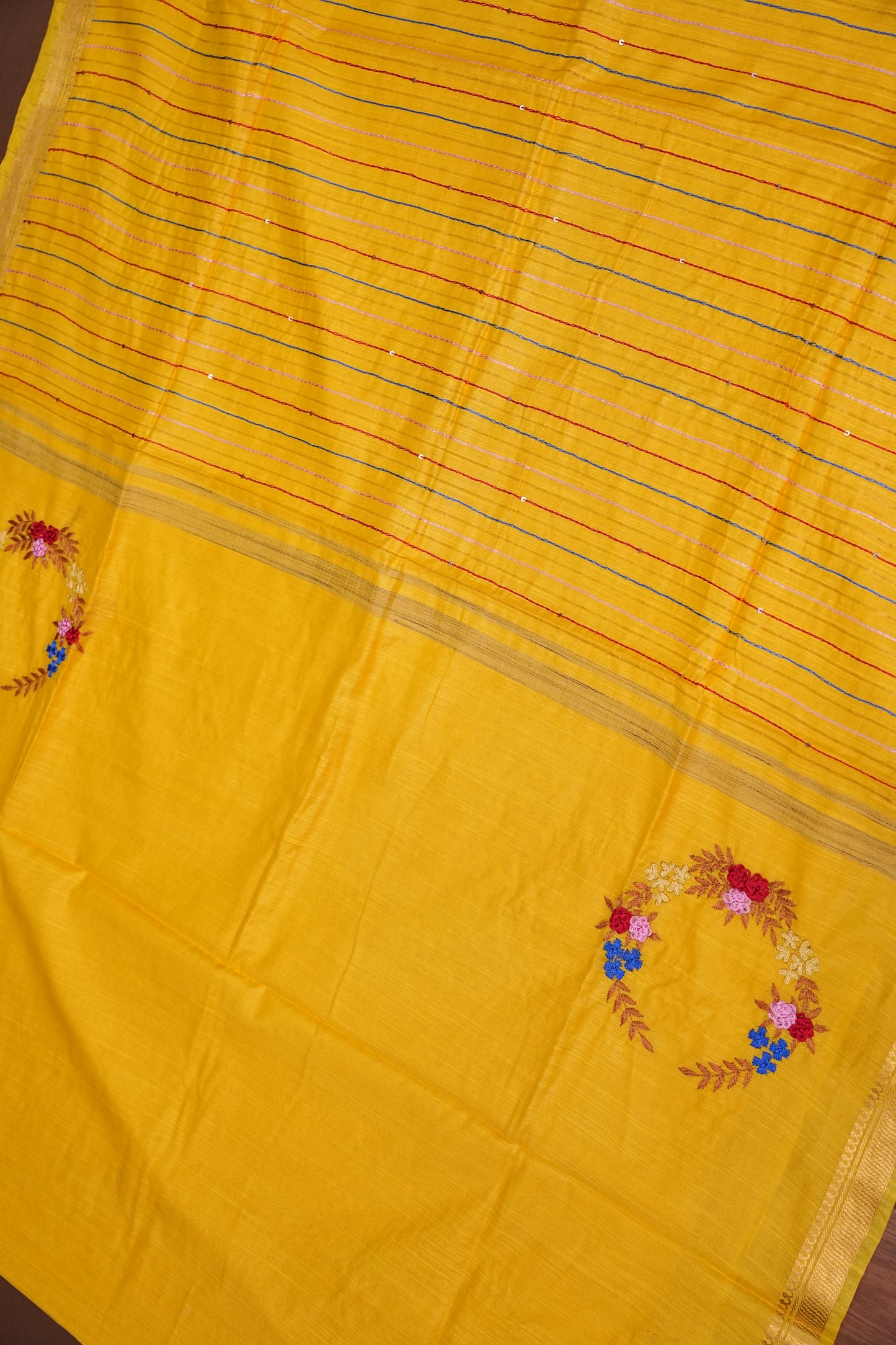 Hand Embroidery Pure Linen Silk Saree With Gold Zari Border - Yellow