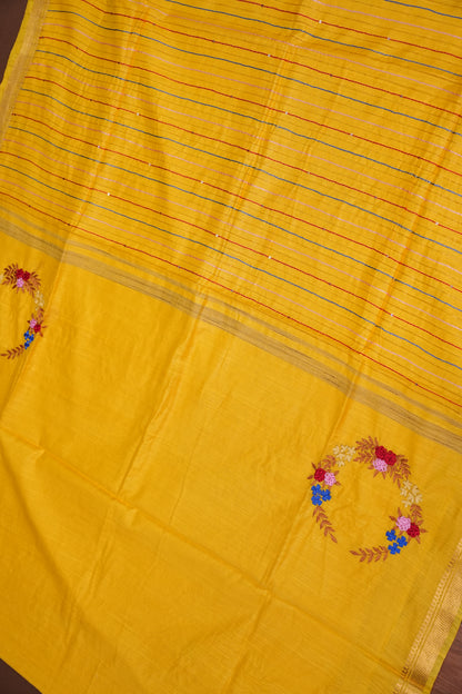 Hand Embroidery Pure Linen Silk Saree With Gold Zari Border - Yellow