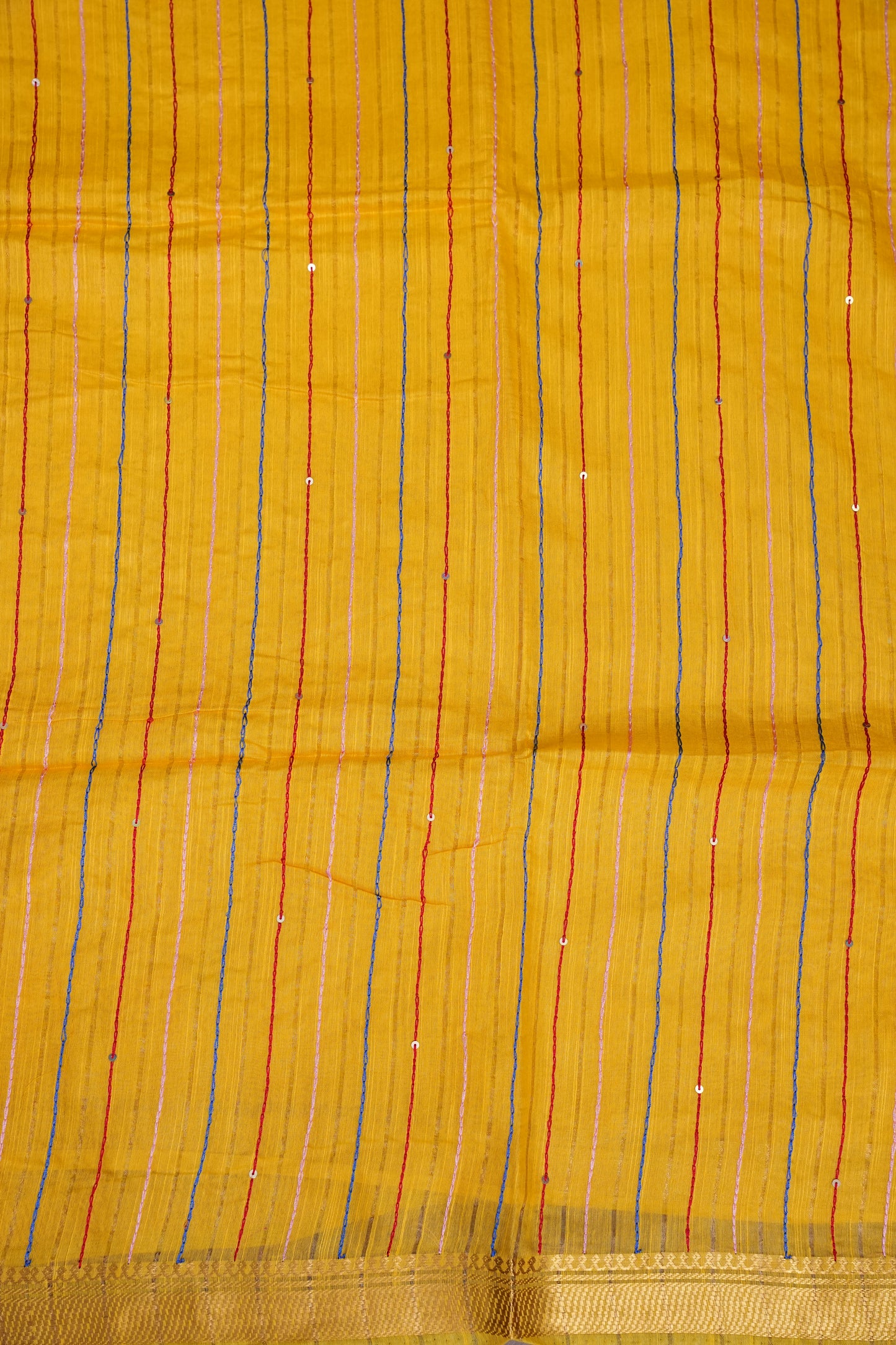 Hand Embroidery Pure Linen Silk Saree With Gold Zari Border - Yellow
