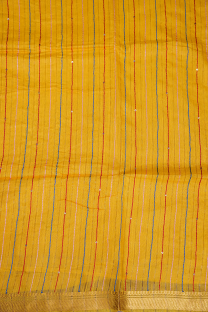 Hand Embroidery Pure Linen Silk Saree With Gold Zari Border - Yellow