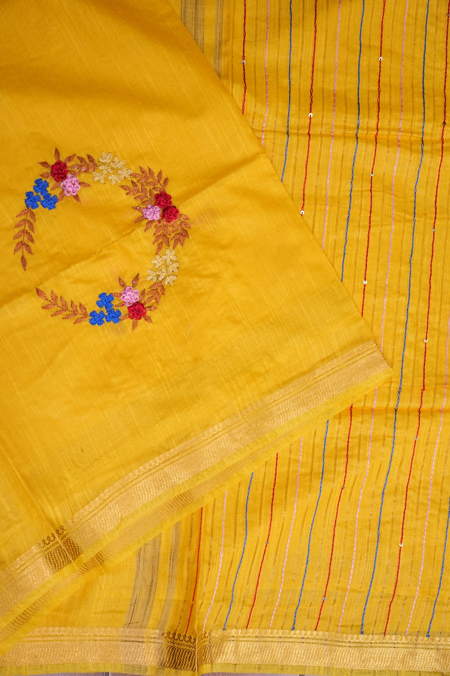 Hand Embroidery Pure Linen Silk Saree With Gold Zari Border - Yellow