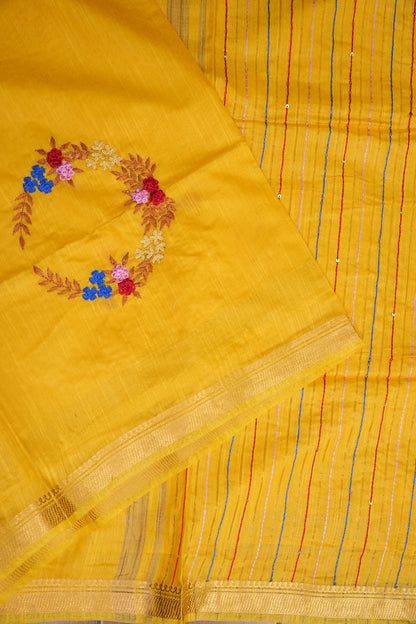Hand Embroidery Pure Linen Silk Saree With Gold Zari Border - Yellow