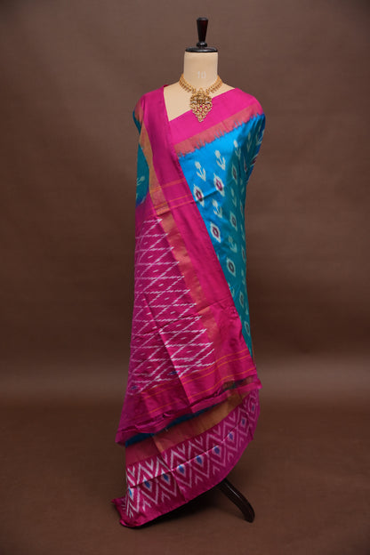 Pure Ikkat Soft Silk Saree - Turquoise Blue & Rani Pink