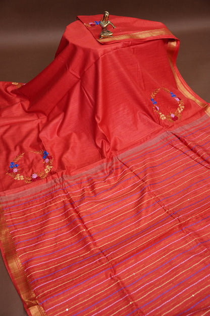Hand Embroidery Pure Linen Silk Saree With Gold Zari Border - Red