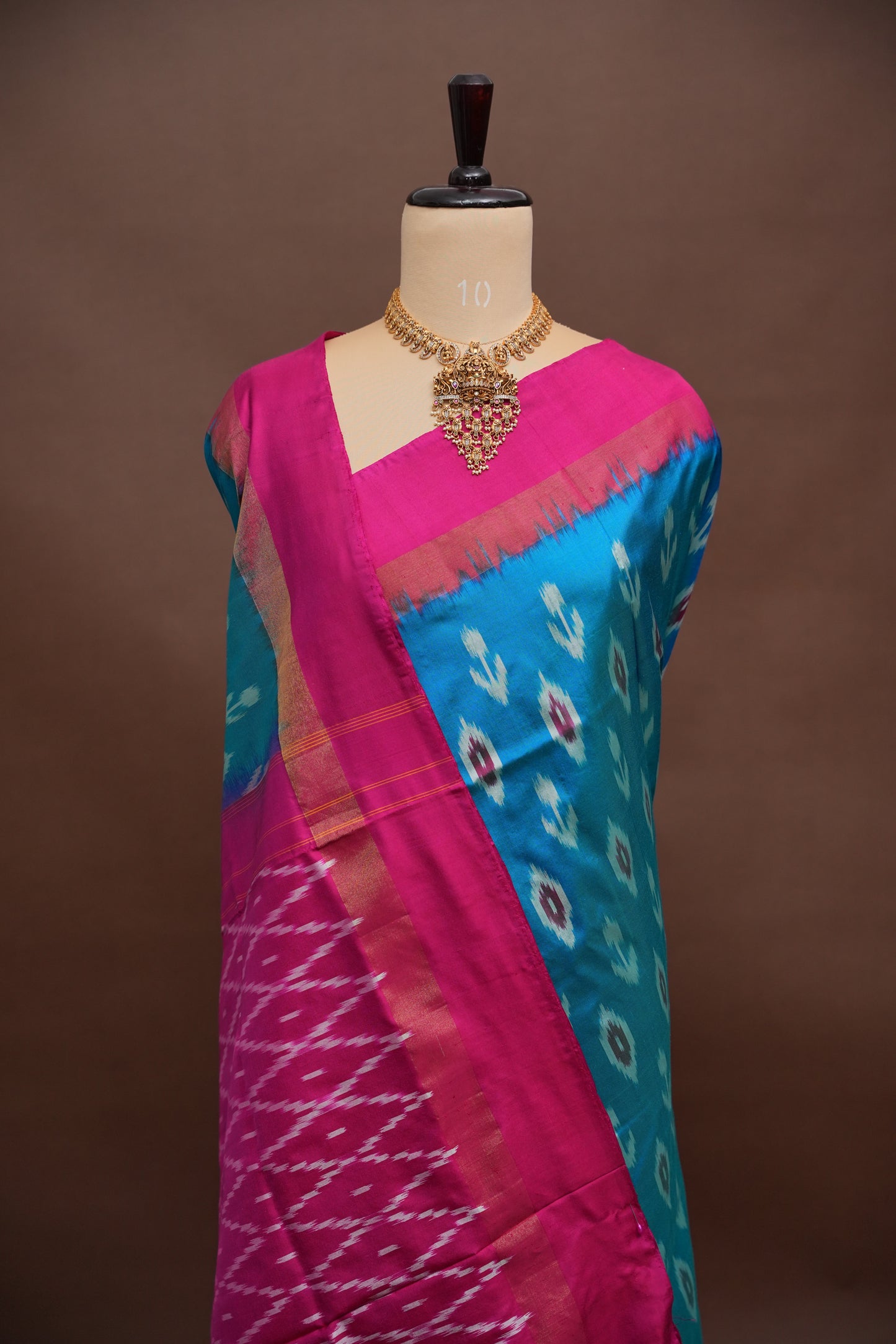Pure Ikkat Soft Silk Saree - Turquoise Blue & Rani Pink