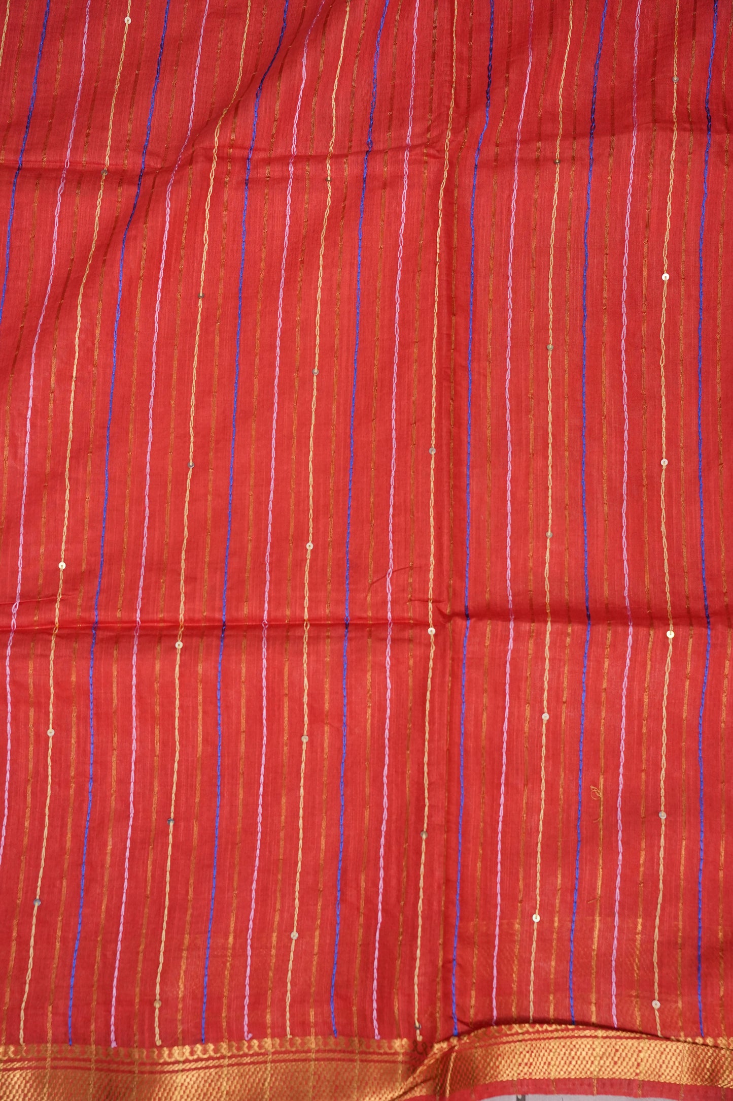 Hand Embroidery Pure Linen Silk Saree With Gold Zari Border - Red