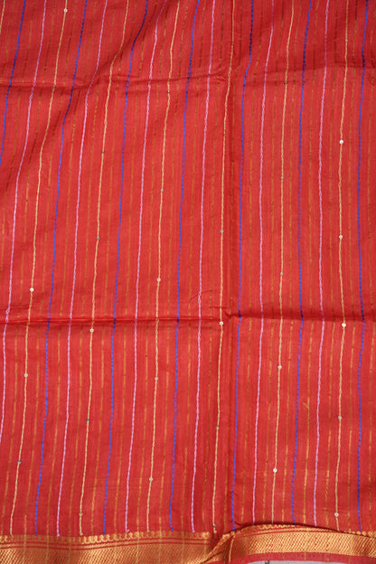 Hand Embroidery Pure Linen Silk Saree With Gold Zari Border - Red