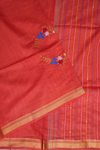 Hand Embroidery Pure Linen Silk Saree With Gold Zari Border - Red