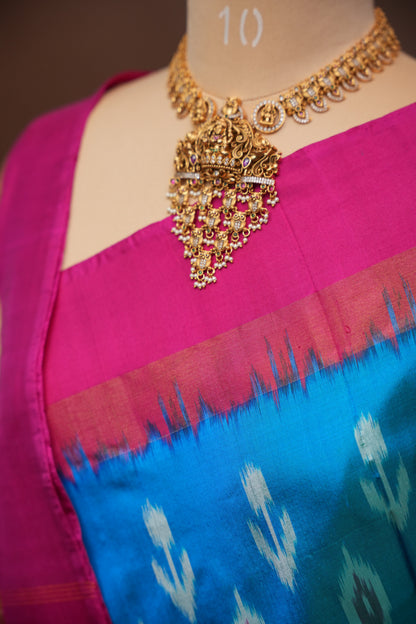 Pure Ikkat Soft Silk Saree - Turquoise Blue & Rani Pink