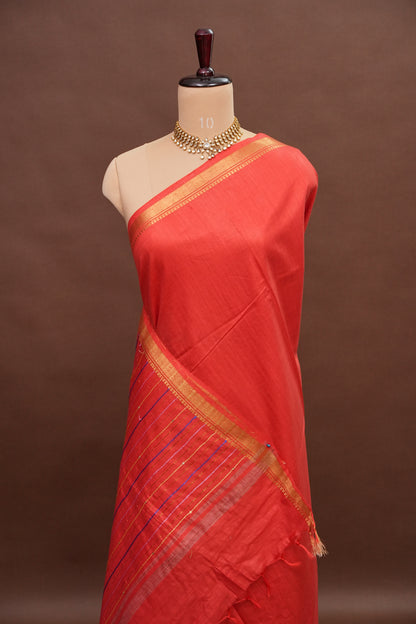 Hand Embroidery Pure Linen Silk Saree With Gold Zari Border - Red