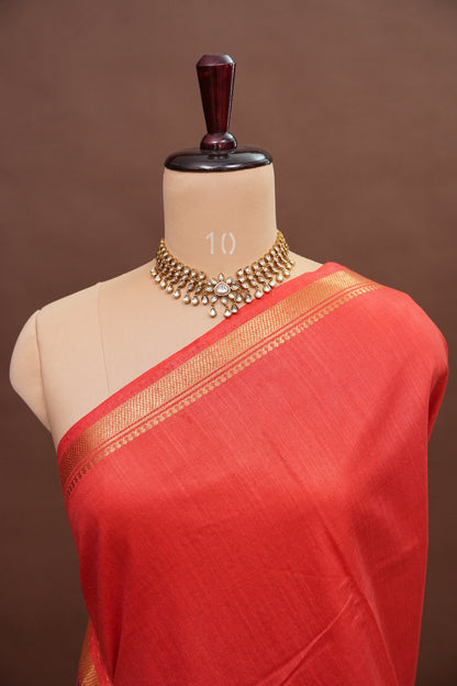 Hand Embroidery Pure Linen Silk Saree With Gold Zari Border - Red