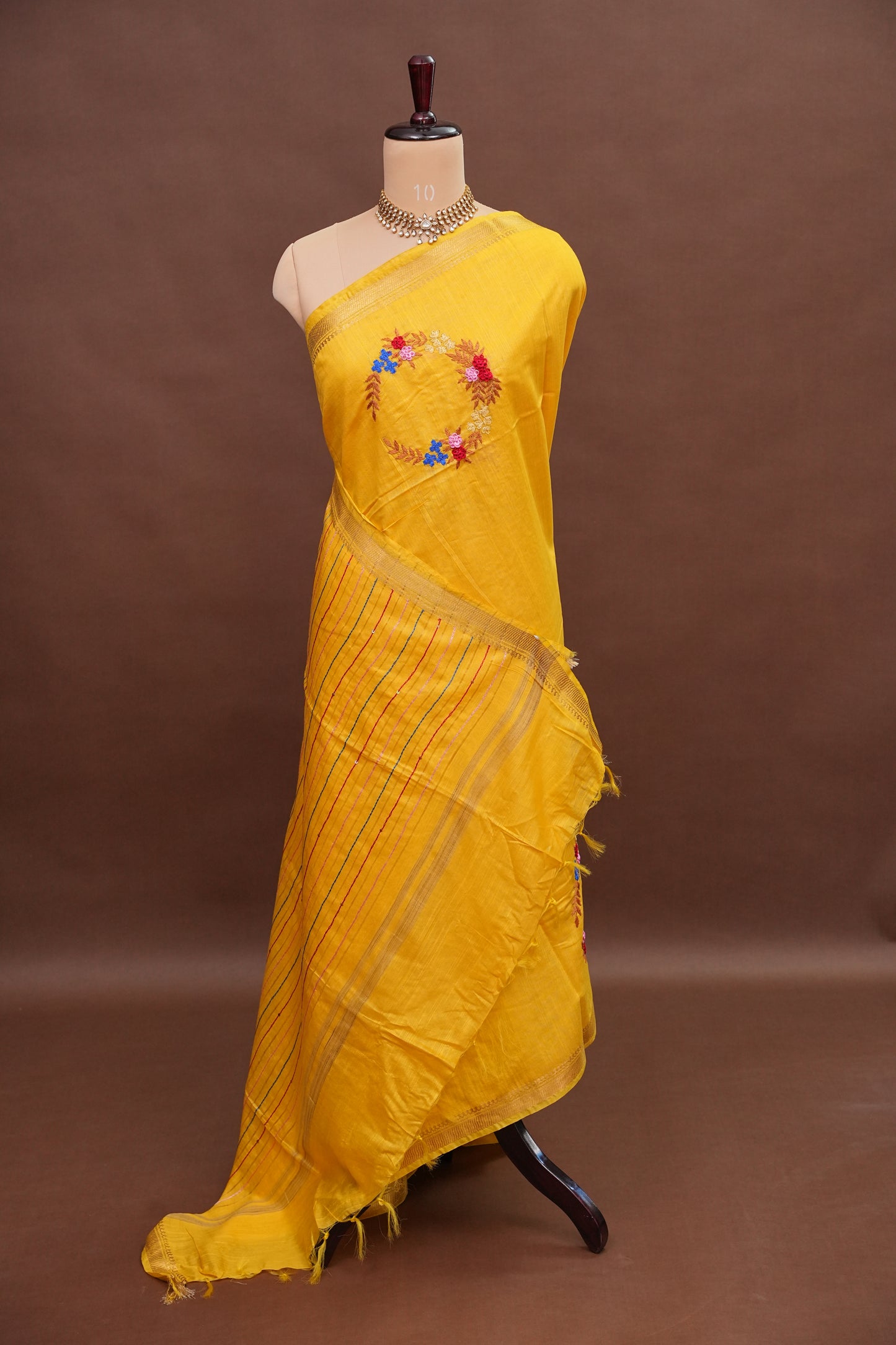 Hand Embroidery Pure Linen Silk Saree With Gold Zari Border - Yellow