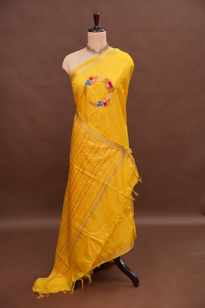 Hand Embroidery Pure Linen Silk Saree With Gold Zari Border - Yellow