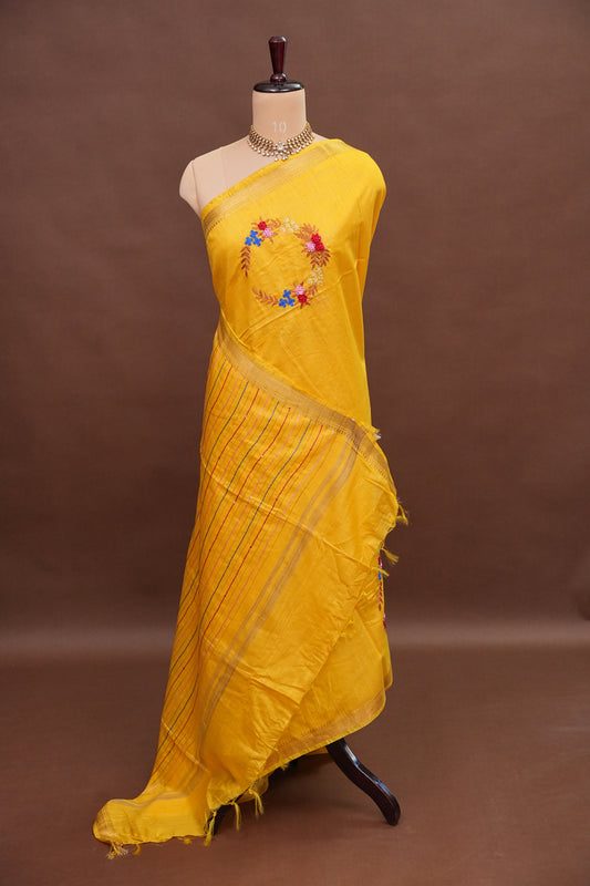 Hand Embroidery Pure Linen Silk Saree With Gold Zari Border - Yellow