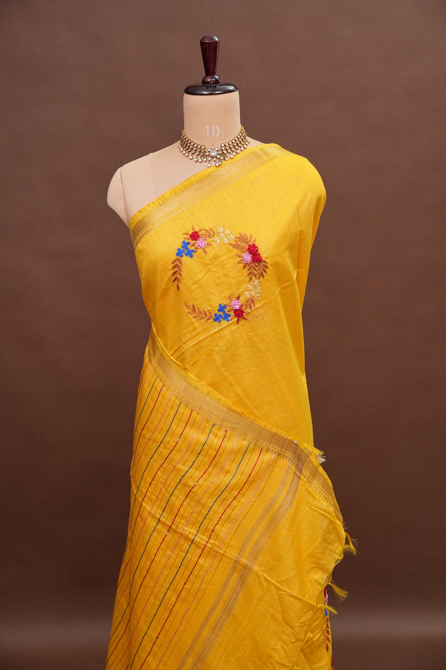 Hand Embroidery Pure Linen Silk Saree With Gold Zari Border - Yellow