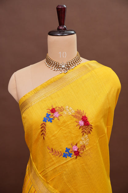 Hand Embroidery Pure Linen Silk Saree With Gold Zari Border - Yellow